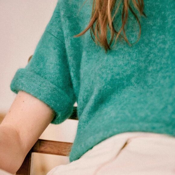 NWT Sezane Paco Cardigan Small Sweater Reversible Emerald Blue Mohair - Picture 3 of 9